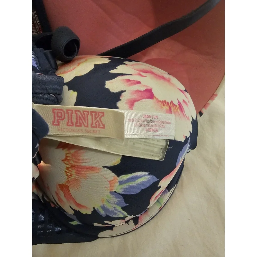 PINK Victoria's Secret Floral‎ Push Up Bra Navy Blue Pink Size 34DD